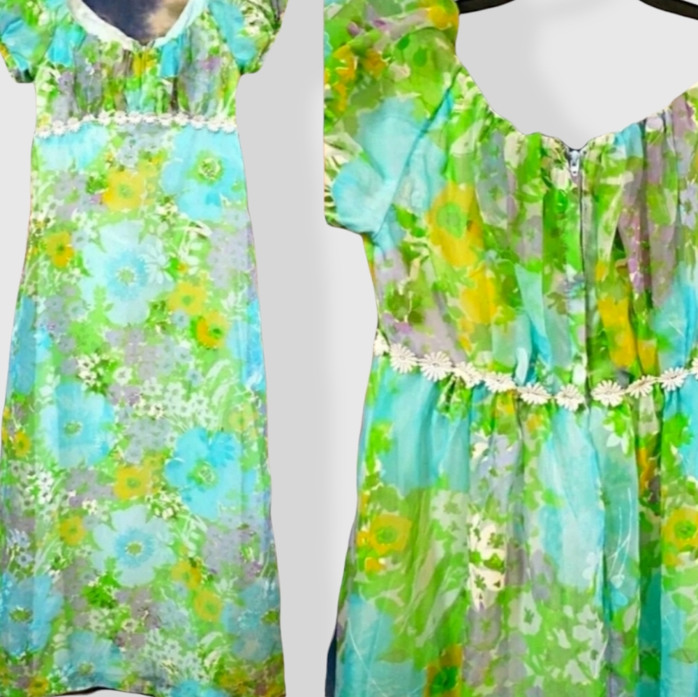 Vintage 1960s Hippie Woodstock Daisy Empire Maxi Dress - Picture 6 of 16